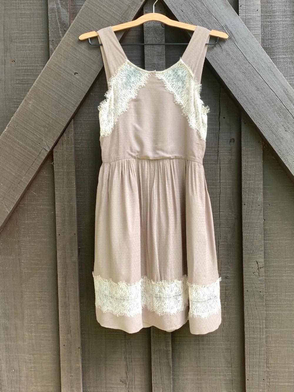 Free People Lace Trim‎ Fit Flare Mini Dress Tan Brown Boho Size 2